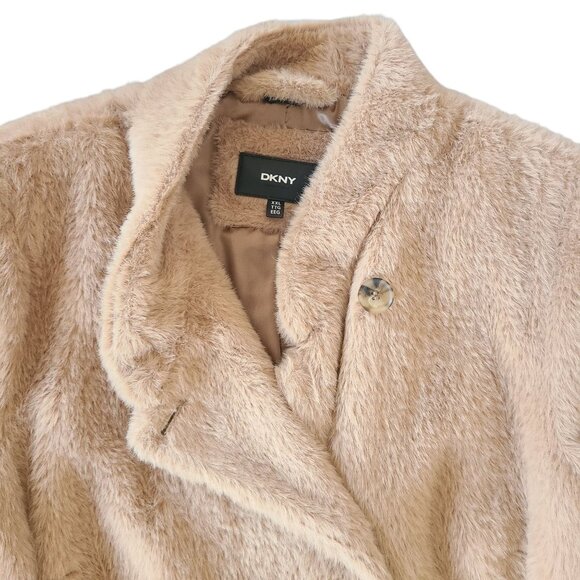 DKNY Women's Faux Fur Coat Camel Size XXL Beige Long Sleeve Button Up - Picture 2 of 16